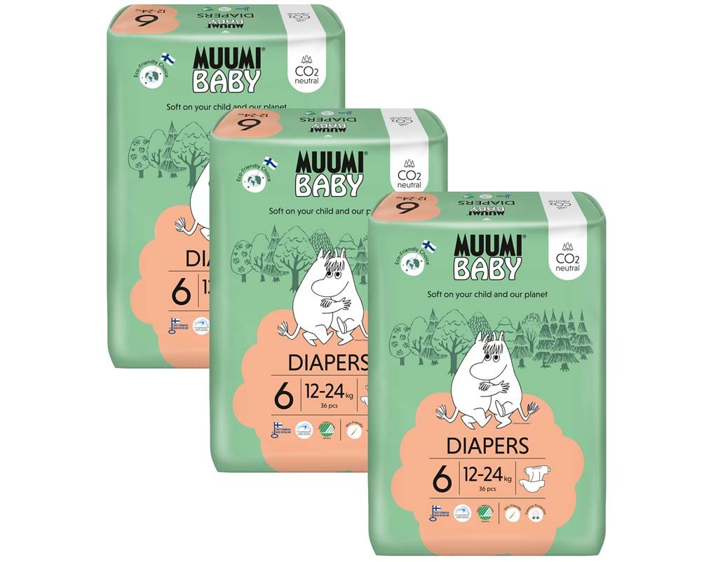 E-shop MUUMI Baby 6 Junior 12-24 kg (108 ks), mesačné balenie eko plienok