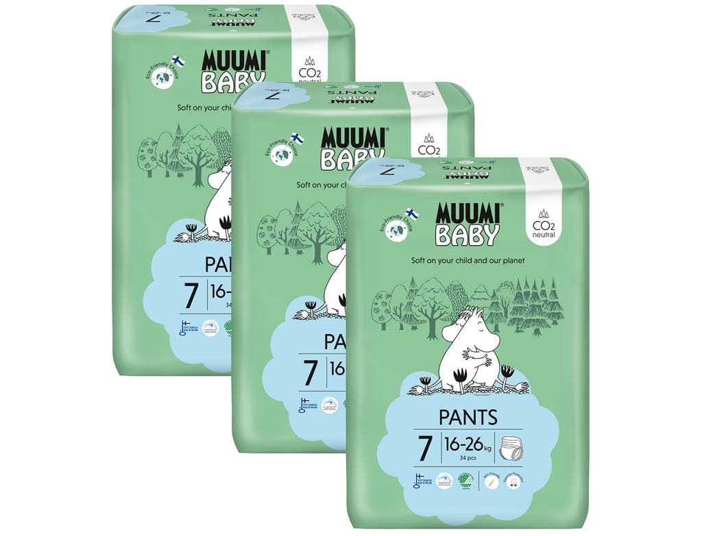 E-shop MUUMI Baby Pants 7 XL 16-26 kg (102 ks), mesačné balenie nohavičkových eko plienok