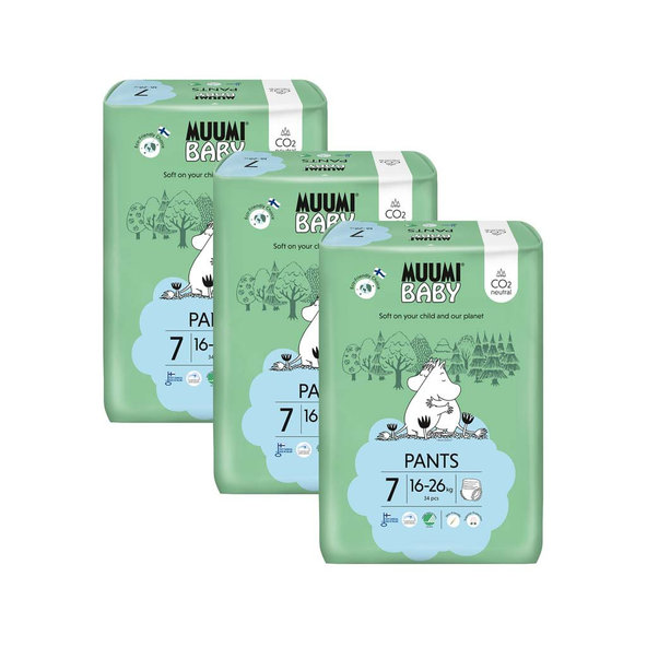 MUUMI Baby Pants 7 XL 16-26 kg (102 ks), mesačné balenie nohavičkových eko plienok