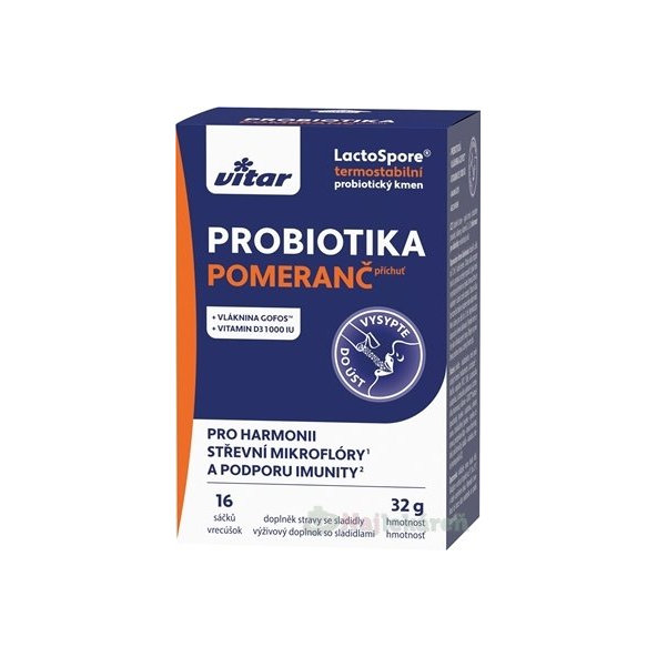 VITAR PROBIOTIKA + vláknina + vitamíny C a D3 prášok pomarančová príchuť 16 vreciek