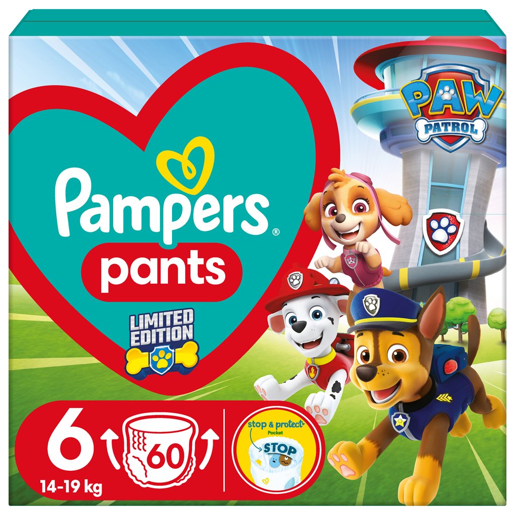 E-shop PAMPERS Plienky nohavičkové Active Baby Pants Paw Patrol veľ. 6 (14-19 kg) 60 ks