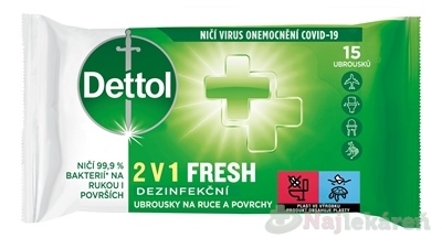 Dettol 2v1 FRESH Dezinfekčné obrúsky na ruky a povrchy 15 ks