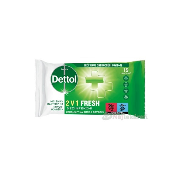 Dettol 2v1 FRESH Dezinfekčné obrúsky na ruky a povrchy 15 ks