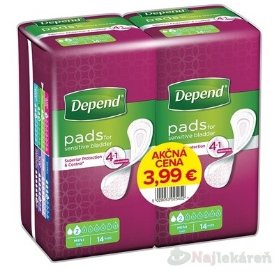 E-shop DEPEND MINI AKCIOVÁ CENA (duopack) inkontinenčné vložky pre ženy, 9x24cm, savosť 185ml, 2x14ks 1set