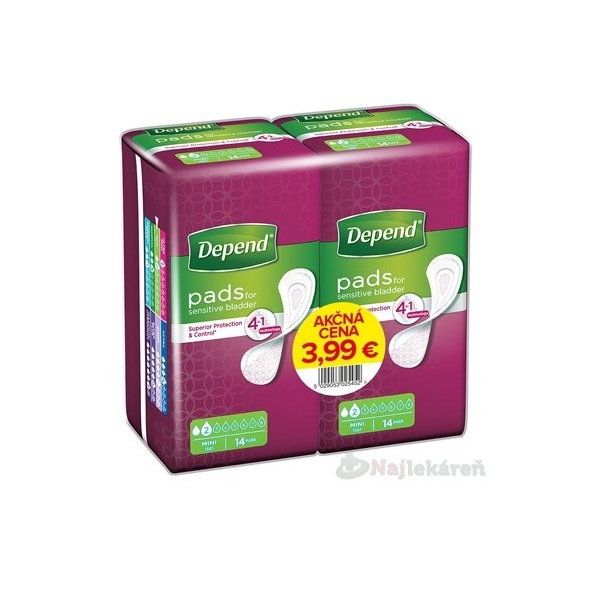 DEPEND MINI AKCIOVÁ CENA (duopack) inkontinenčné vložky pre ženy, 9x24cm, savosť 185ml, 2x14ks 1set