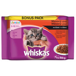 WHISKAS kapsičky pre mačky Junior mäsový výber (kura,hovädzie,jahňa,králik) v šťave 4x85g