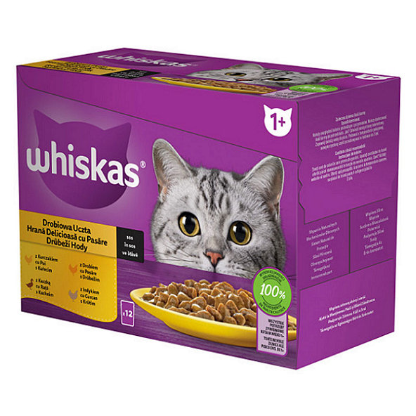 WHISKAS kapsičky pre mačky Hydinový výber (kura,kačka,hydina,morka) v šťave 12x85g