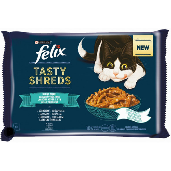 FELIX Tasty shreds cat Multipack losos&tuniak v šťave kapsičky pre mačky 4x80g