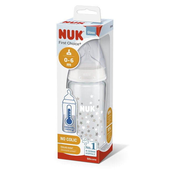 NUK FC+ Fľaša sklenená s kontrolou teploty 240 ml - biela