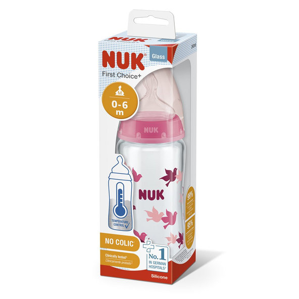 NUK FC+ Fľaša sklenená s kontrolou teploty 240 ml - růžová