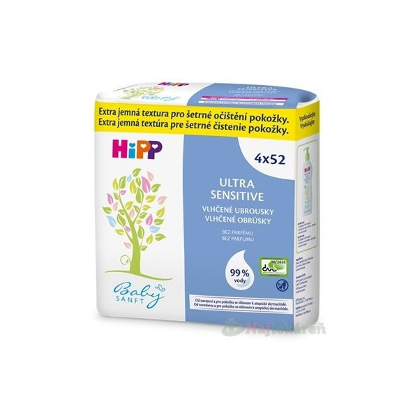 HiPP BabySANFT Vlhčené obrúsky ultra sensitiv, čistiace 4x52 ks