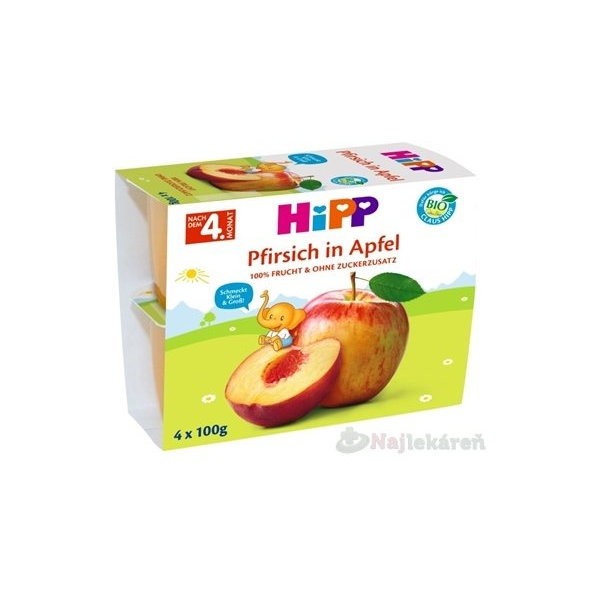 HiPP Príkrm BIO 100% ovocie jablká s broskyňami 4x100g