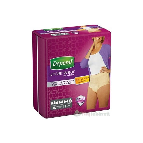 DEPEND SUPER XL pre ženy naťahovacie nohavičky, obvod bokov 120-150cm, 9ks