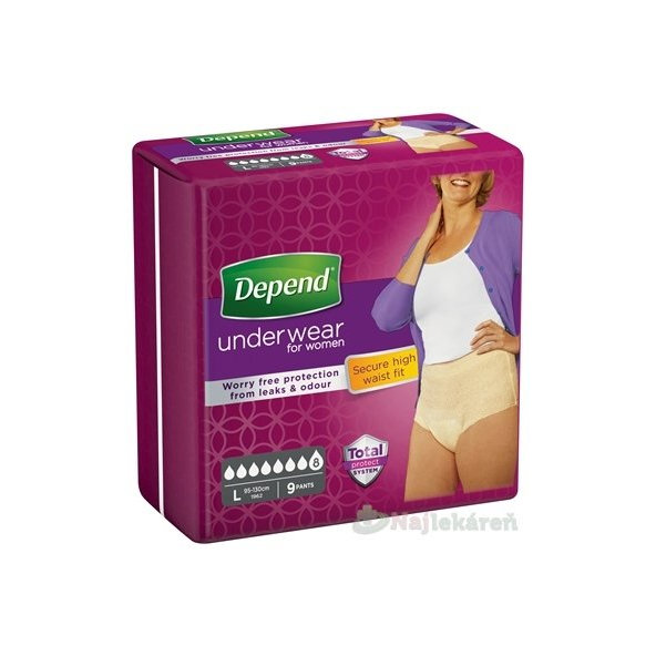 DEPEND SUPER L pre ženy naťahovacie nohavičky, obvod bokov 95-130cm, 9ks