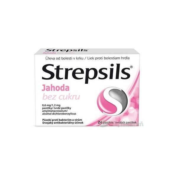 Strepsils Jahoda bez cukru na bolesť hrdla 24 pastiliek