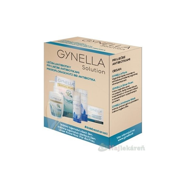 GYNELLA Solution PRI LIEČBE ANTIBIOTIKAMI Flora čapíky 10 ks, Silver Foam 50 ml + Intimate Wash 200