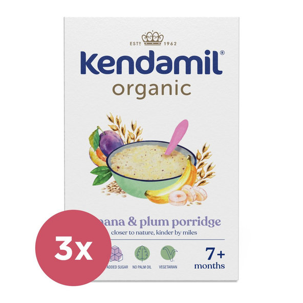 3x KENDAMIL BIO Kaša nemliečna so slivkami a banánom (150 g), 7m+