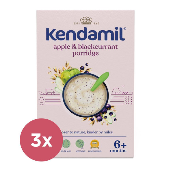 3x KENDAMIL Kaša mliečna s čiernými ríbezľami a jablkami (150 g), 6m+