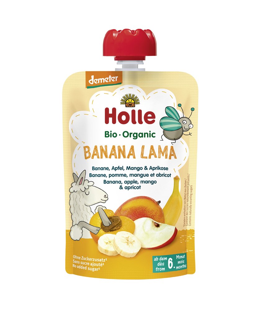 E-shop 3x HOLLE Banana Lama Bio ovocné pyré banán, jablko, mango, marhuľa, 100 g (6 m+)