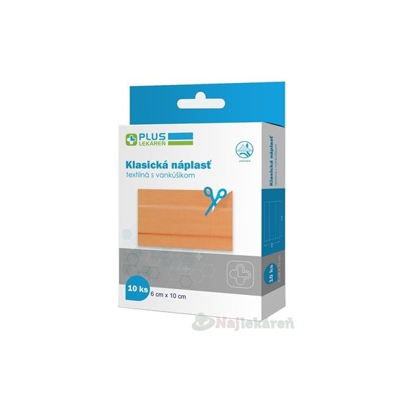 PLUS LEKÁREŇ Náplasť klasická textilná s vankúšikom, 6 x10 cm, 10 ks