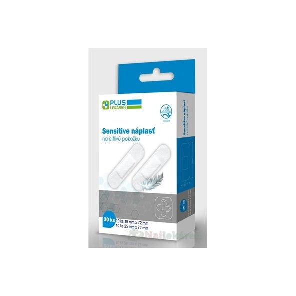 PLUS LEKÁREŇ Náplasť sensitive na citlivú pokožku, 10 x (19x72mm) + 10 x (25x72mm) 20 ks