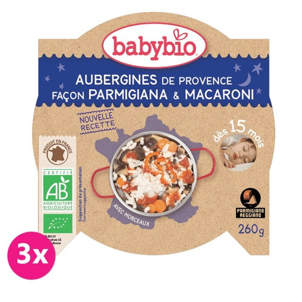 3x BABYBIO Večerné menu baklažán na spôsob parmigiana s makarónmi 260 g