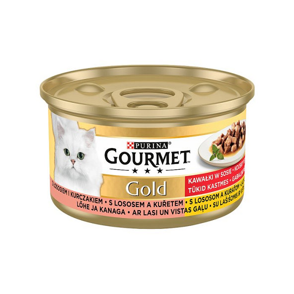 GOURMET GOLD cat losos&kura kúsky v šťave konzervy pre mačky 12x85g