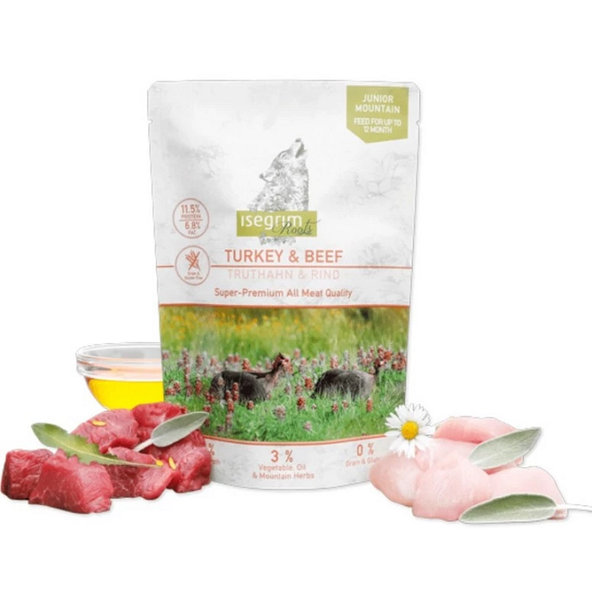 ISEGRIM dog Junior Isegrim Roots, Turkey & Beef kapsičky pre psy 7x410g