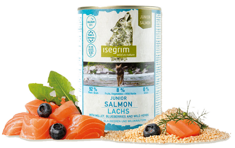 E-shop ISEGRIM dog Junior Salmon with Millet, Blueberries & Wild Herbs konzervy pre psy 6x800g