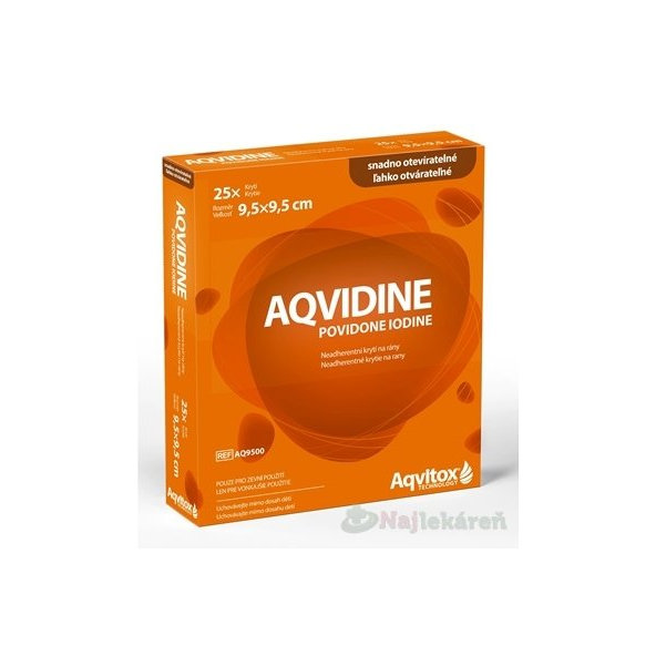 AQVIDINE neadherentné krytie na rany, s jódpovidónom, 9,5 x 9,5 cm, 25 ks