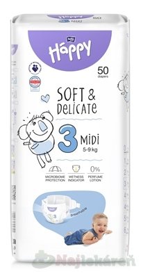 E-shop bella HAPPY Soft&Delicate 3 Midi detské plienky (5-9 kg) 50 ks