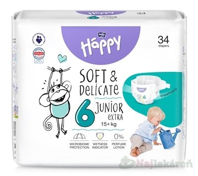 E-shop bella HAPPY Soft&Delicate 6 Junior Extra detské plienky (od 16+ kg) 34 ks