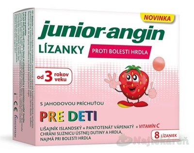 E-shop Junior-angin lízanky pre deti s jahodovou príchuťou na bolesť hrdla 8 ks