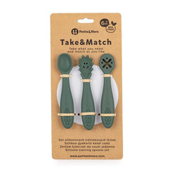 PETITE&MARS Set 3 ks silikónových tréningových lyžičiek Take&Match Misty Green 6m+