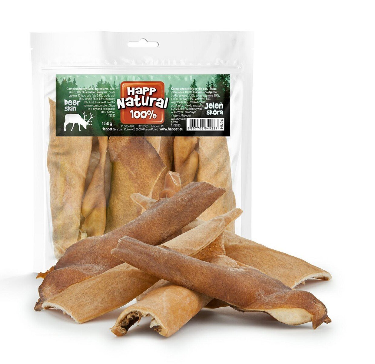 E-shop Happet - masove pamlsky 100% jelenia koža - prírodné maškrty pre psov 150g