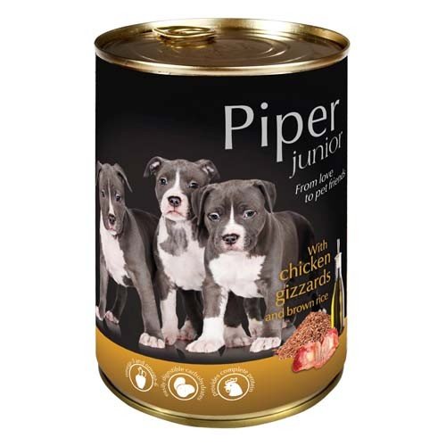 E-shop Piper PIPER JUNIOR konzerva 400g - s kuracími žalúdkami a hnedou ryžou