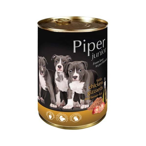 Piper PIPER JUNIOR konzerva 400g - s kuracími žalúdkami a hnedou ryžou
