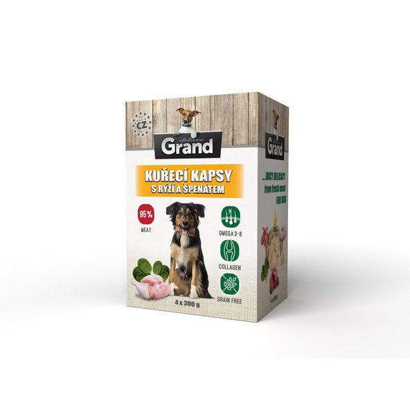 Grand - konzervy GRAND DELUXE kuracie s ryžou a špenátom 4 x 300g kapsicky pre psov