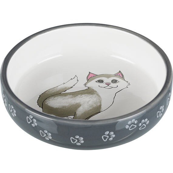 E-shop Trixie Bowl, flat, cat/paws, ceramic, 0.3 l/ř 15 cm, grey/white