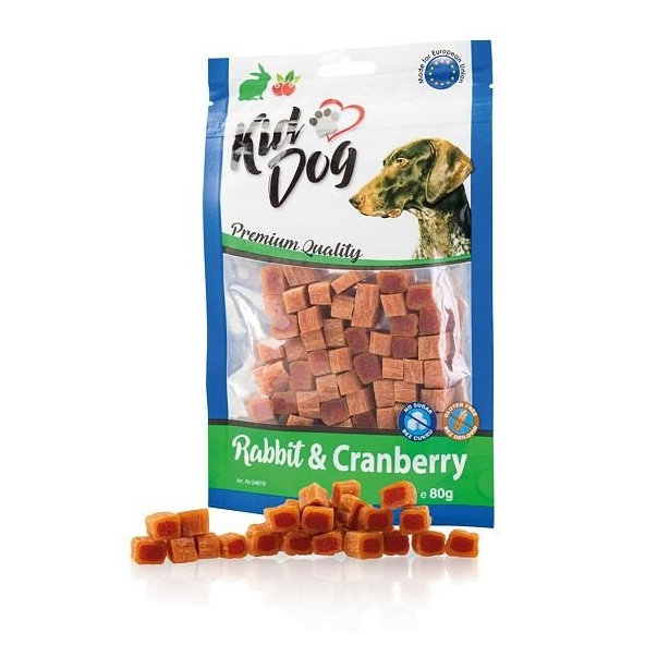 Maškrta KID DOG králičie mini kocky s brusnicami 80g
