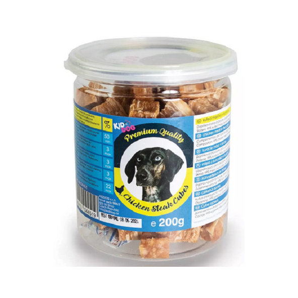 Maškrta pre psy KID DOG Kuracie mäso v kockách 200g DÓZA - PREMIUM QUALITY