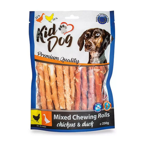 Maškrta pre psy KID DOG MIX kuracie a kačacie žuvacie tyčinky 250g