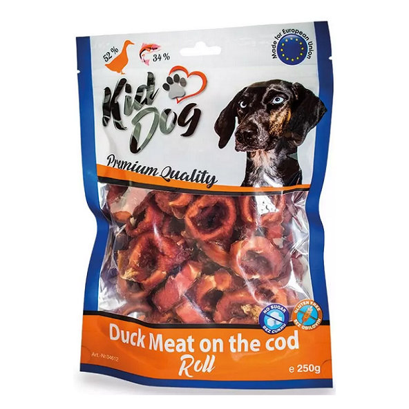 Maškrta pre psy KID DOG Kačacie mäso na treščej rolke 250g
