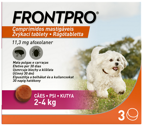 E-shop FRONTPRO XS 11mg žuvacie tablety pre psy proti kliešťom a blchám 2–4kg, 3tbl
