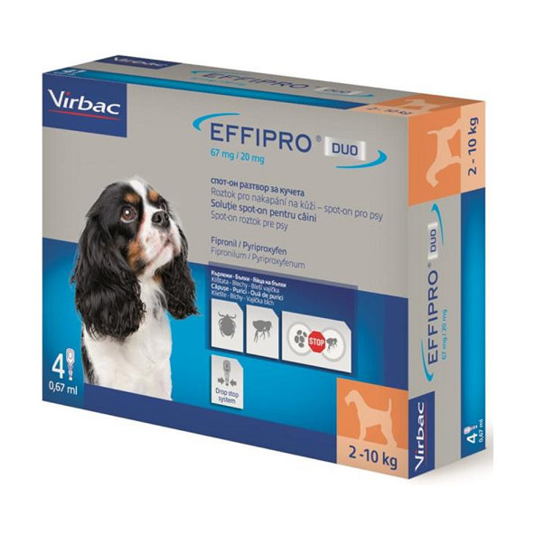 EFFIPRO DUO S 4 x 0,67ml spot-on pipeta proti kliešťom a blchám pre psy od 2 do 10kg