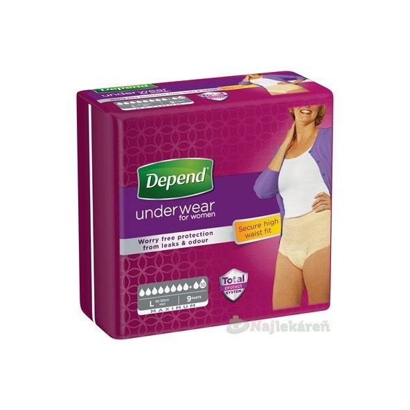 DEPEND MAXIMUM L pre ženy naťahovacie nohavičky, obvod bokov 95-130cm, priedušné, 9ks