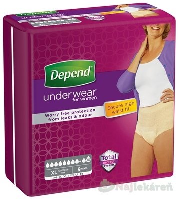 E-shop DEPEND MAXIMUM XL pre ženy naťahovacie nohavičky, obvod bokov 120-150cm, priedušné, 9ks