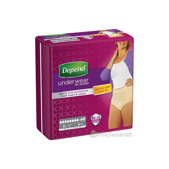 DEPEND MAXIMUM XL pre ženy naťahovacie nohavičky, obvod bokov 120-150cm, priedušné, 9ks