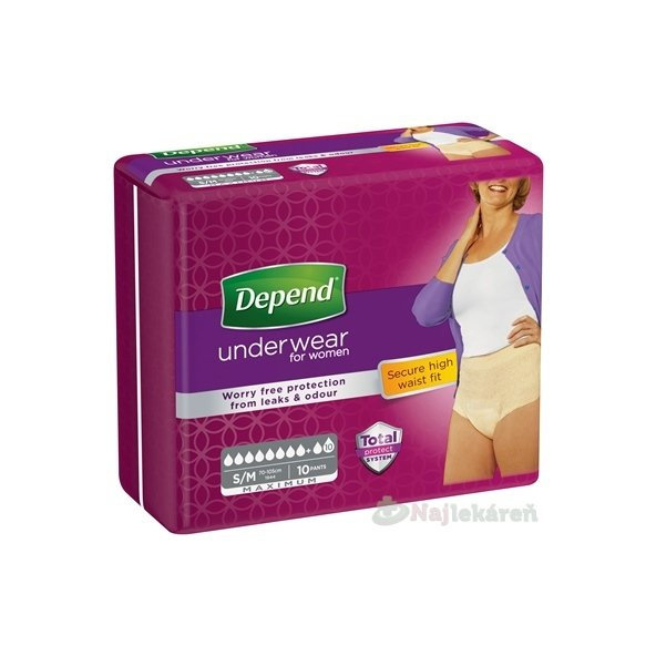 DEPEND MAXIMUM S/M pre ženy naťahovacie nohavičky, obvod bokov 70-105cm, priedušné, 10ks
