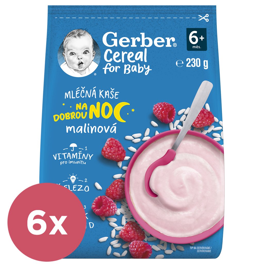 E-shop 6x GERBER Kaša mliečna cereal malinová Dobrú noc 230 g